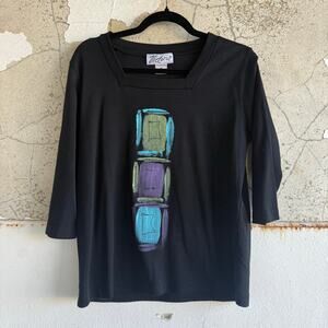 Vtg Abstract Top Hand Painted Black Square Neck 3/4‎ Sleeves Womens M USA Arsty
